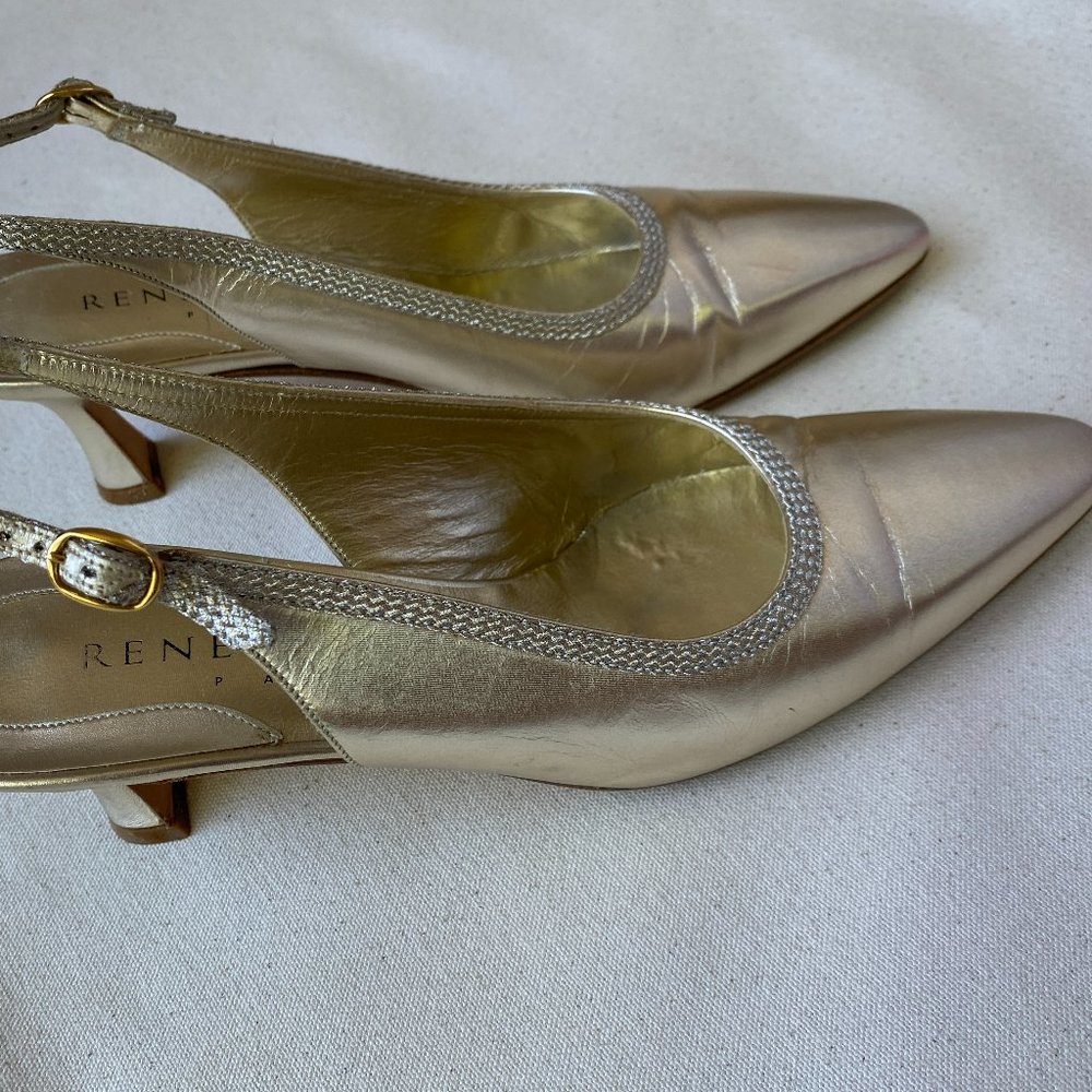 Rene Mancini Vintage Gold Slingback Almond Toe Heels, Size 37